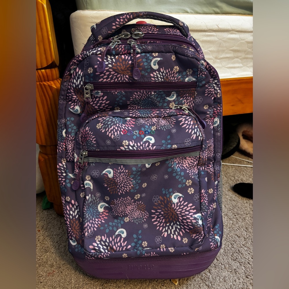 JWORLD Floral Purple Rolling Backpack